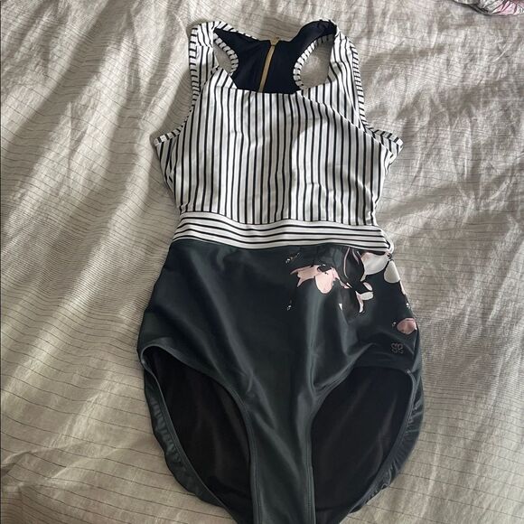 Striped Forest Green  and White One-Piece Swimsuit. - Picture 1 of 7